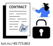 Contract document with signature lock symbol and person pointing included. Ideal for legal agreements, document security, business deals, contractual obligations and e-signatures themes. Minimalist. Contract Document with Signature Lock Symbol and Person Pointing Illustration. Стоковая иллюстрация, агентство Ingram Publishing / Фотобанк Лори