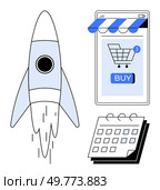 Rocket launching, mobile storefront with shopping cart and Buy button, plus a calendar. Ideal for startup businesses, e-commerce, mobile apps, business growth, and online shopping. Minimalist vector. Online Shopping Startup Concept Rocket Launch, Mobile Storefront and Calendar. Стоковая иллюстрация, агентство Ingram Publishing / Фотобанк Лори