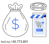 A money bag symbolizing savings, a coin representing currency, and a smartphone with a shopping cart and buy button indicate e-commerce and online shopping. Ideal for themes like e-commerce, online. E-Commerce and Online Shopping with Money Bag and Phone with Shopping Cart. Стоковая иллюстрация, агентство Ingram Publishing / Фотобанк Лори