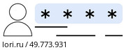 Simplistic design showcasing a users profile beside a password input field represented by a row of asterisks. Black lines under the profile could signify input fields or sections. Ideal for web. Secure Login and User Authentication Interface Depiction. Стоковая иллюстрация, агентство Ingram Publishing / Фотобанк Лори