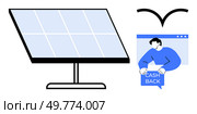 Solar panel on stand next to image of person receiving cashback sign. Ideal for renewable energy, eco-friendly initiatives, financial incentives, sustainability, clean energy. Simple modern style. Solar Panel with Cashback Incentive and Energy Savings Concept. Стоковая иллюстрация, агентство Ingram Publishing / Фотобанк Лори