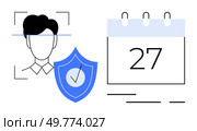 A simplified image of a person undergoing facial recognition, accompanied by a shield symbolizing security, and a calendar displaying the number 27. Ideal for biometrics, data protection, security. Facial Recognition Technology with Security and Scheduling Concept. Стоковая иллюстрация, агентство Ingram Publishing / Фотобанк Лори