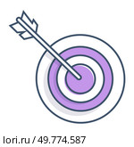 Arrow hitting the center of a purple and white target. Ideal for themes of goal setting, precision, achievement, focus, and success. Simple and clean style. Bullseye with Arrow Signifying Precision and Goal Achievement. Стоковая иллюстрация, агентство Ingram Publishing / Фотобанк Лори