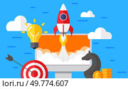 Space rocket flies out of computer screen. Successful business start and technology. Startup launch online on monitor. New innovation project development idea with rocket ship and light bulb. Space rocket flies out of computer screen. Successful business start and technology, startup. Стоковая иллюстрация, агентство Ingram Publishing / Фотобанк Лори