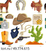 Cowboy hat, boots, revolver, cactus, saddle, horseshoe, bandana among other Western items. Ideal for Western themes, cowboy festivals, rodeo events, country memorabilia, vintage signage and American. Cowboy Gear and Old West Icons Collection Featuring Hats, Boots, Cacti and Revolvers. Стоковая иллюстрация, агентство Ingram Publishing / Фотобанк Лори