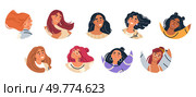 Nine women with varied hairstyles and facial expressions smiling and posing. Each woman has a unique style Ideal for celebrating diversity female empowerment beauty and fashion hair trends and. Diverse Women Smiling and Posing with Different Hairstyles and Expressions. Стоковая иллюстрация, агентство Ingram Publishing / Фотобанк Лори