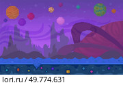 Strange landscape with colorful planets and mysterious mountains under a purple sky. Ideal for themes of space exploration alien world sci-fi fantasy and adventure pixel art style. Alien Landscape with Colorful Planets and Mysterious Mountains Under a Purple Sky. Стоковая иллюстрация, агентство Ingram Publishing / Фотобанк Лори