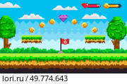 Colorful video game level with trees, platforms, coins, a flag, and a diamond in a pixel art style. Ideal for retro gaming, platformer games, adventure, digital art, and game design projects. Classic Pixel Art Video Game Level with Trees, Platforms, and Collectible Coins. Стоковая иллюстрация, агентство Ingram Publishing / Фотобанк Лори