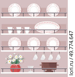 Shelves with kitchenware. Cute table service plates, bowls and cups. Food preparation concept. Dinnerware in restaurant or home kitchen. Housekeeping equipment, interior design and household items. Shelves with kitchenware. Cute table service plates, bowls and cups. Food preparation concept. Стоковая иллюстрация, агентство Ingram Publishing / Фотобанк Лори