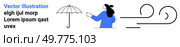 Woman in blue coat with black hair pointing at an umbrella and abstract wind design Ideal for weather forecasting websites meteorological services climate awareness apps educational materials. Banner. Person in Blue Coat Holding an Umbrella Pointing at Windy Weather Illustrative Banner for Weather Services. Стоковая иллюстрация, агентство Ingram Publishing / Фотобанк Лори