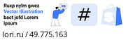 Person holds tablet. metadata tag icon and a shopping bag next to them. Ideal for social media campaigns digital marketing online shopping tutorials and e-commerce portals.Landing page. Person Demonstrating Social Media Concepts With Shopping Elements And Abstract Icons. Стоковая иллюстрация, агентство Ingram Publishing / Фотобанк Лори