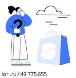 Person scratching their head with question mark in hand signifying confusion about shopping decision. Large blue shopping bag nearby with cloud above. Ideal for e-commerce, shopping, decision making. Person Questioning a Shopping Decision Next to a Large Shopping Bag and Cloud in the Sky. Стоковая иллюстрация, агентство Ingram Publishing / Фотобанк Лори