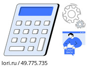 Large calculator in foreground and gears symbolizing settings or processing. Man with cashback sign in a browser window icon. Ideal for finance, calculations, online transactions, promotions. Digital Calculator with Cashback Promotion and Gears Highlighting Financial Management Concepts. Стоковая иллюстрация, агентство Ingram Publishing / Фотобанк Лори