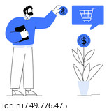 Man placing dollar coin into plant pot representing investment growth, holding document. Blue shopping cart icon suggests e-commerce. Ideal for business, finance, investment, economics, online. Man Investing Money Symbolized by Plant Growth with Shopping Cart Icon. Стоковая иллюстрация, агентство Ingram Publishing / Фотобанк Лори