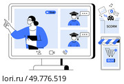 Teacher points during a live session on a screen with students present. Modules and a digital storefront are nearby. Ideal for remote learning, e-learning, online classrooms, digital education. Online Education Platform with Live Video, E-Learning Modules, and Digital Marketplace. Стоковая иллюстрация, агентство Ingram Publishing / Фотобанк Лори