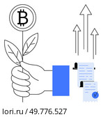 Hand holding a plant with a Bitcoin symbol representing growth next to upward arrows and documents signifying financial success. Ideal for illustrating cryptocurrency, investment, financial growth. Growth of Cryptocurrency Value through Investment and Financial Success. Стоковая иллюстрация, агентство Ingram Publishing / Фотобанк Лори