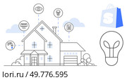 A modern house with icons representing smart home devices such as a light bulb, eye, thermostat, and washing machine. Ideal for home automation, energy efficiency, modern living, security. Smart Home with Connected Devices and Home Automation Concept. Стоковая иллюстрация, агентство Ingram Publishing / Фотобанк Лори