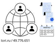 Globe with people icons representing global collaboration. Monthly calendar suggests a scheduled plan. Documents with a checkmark symbolize completed tasks or reports. Ideal for team management. Global Collaboration and Monthly Reports with Organized Schedule for Team Management. Стоковая иллюстрация, агентство Ingram Publishing / Фотобанк Лори