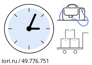 Large clock indicating time, briefcase representing work or business, and trolley with boxes symbolizing productivity or logistics. Ideal for business planning, time management, logistics, corporate. Time Management with Clock, Briefcase, and Moving Boxes for Business Efficiency. Стоковая иллюстрация, агентство Ingram Publishing / Фотобанк Лори