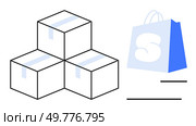 Stacked boxes taped and ready for shipping beside a blue shopping bag with white S symbol. Ideal for online shopping, packaging, delivery services, e-commerce, retail, logistics. Three Packed Boxes Next to a Blue Shopping Bag with a White S Symbol. Стоковая иллюстрация, агентство Ingram Publishing / Фотобанк Лори
