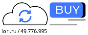 Cloud icon with sync arrows next to a blue BUY button. Ideal for ecommerce, digital downloads, cloud services, tech product marketing, online shopping, software sales, automated renewals. Line. Cloud Storage Sync and Buy Option Button for Ecommerce and Digital Services. Стоковая иллюстрация, агентство Ingram Publishing / Фотобанк Лори