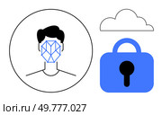 Face with geometric grid inside a circle, blue lock and cloud icons. Ideal for technology, cybersecurity, data protection, biometrics, online privacy. Simple vector style. Facial Recognition Security Technology Depicted in Simple Vector Art with Cloud and Lock Icons. Стоковая иллюстрация, агентство Ingram Publishing / Фотобанк Лори