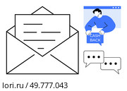 An open envelope, a person holding a cashback sign, and chat bubbles. Ideal for email communication, customer service, rewards programs, online shopping, marketing strategies. Simplistic cartoon. Digital Communication and Cashback Concept with Emails and Chat Bubbles. Стоковая иллюстрация, агентство Ingram Publishing / Фотобанк Лори
