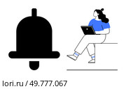 Notification bell icon beside a person sitting with a laptop. Ideal for digital communication, online notifications, productivity, remote work, digital prompts, message alerts, user interface. Notification Bell and Person with Laptop Highlighting Digital Communication and Alerts. Стоковая иллюстрация, агентство Ingram Publishing / Фотобанк Лори