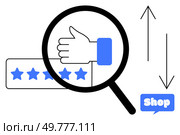 Magnifying glass focuses on thumbs up above five-star ratings with bidirectional arrows and shop text. Ideal for customer reviews, business analysis, retail improvement, consumer feedback, online. E-commerce Feedback and Rating with Magnifying Glass and Thumbs Up Icon. Стоковая иллюстрация, агентство Ingram Publishing / Фотобанк Лори