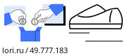 Coins being dropped into a box by visible hands, adjacent to a sleek shoe outline. Ideal for finance, business, e-commerce, investment, charity, savings, product design themes. Line metaphor. Hands dropping coins into a box next to the outline of a modern shoe design. Стоковая иллюстрация, агентство Ingram Publishing / Фотобанк Лори