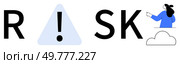 Bold letters spell risk with an exclamation mark replacing I. A person points right. Ideal for safety, caution, warnings, risk management, education. Clean, modern, minimalistic style. Risk Management and Hazard Warning Representation with Human Interaction. Стоковая иллюстрация, агентство Ingram Publishing / Фотобанк Лори