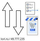 Black arrows point up and down. Checklist with blue checkmarks. Smartphone depicts shopping cart and buy button. Ideal for ecommerce, online shopping, digital marketing, mobile apps, user experience. Online Shopping Process Diagram with Arrows and a Mobile Interface Showing a Shopping Cart and Buy Button. Стоковая иллюстрация, агентство Ingram Publishing / Фотобанк Лори