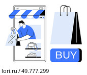 Man places shopping bag into smartphone, mimicking online purchase. Items on shelves include handbags and shoes. Ideal for e-commerce, mobile shopping, retail apps, user interface design, online. Online shopping concept with smartphone, man shopping, items on shelves, shopping bag, and buy button. Стоковая иллюстрация, агентство Ingram Publishing / Фотобанк Лори