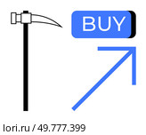 Black pickaxe next to large blue BUY button and upward blue arrow. Ideal for e-commerce, sales growth, investments, online shopping, digital marketing, tech tools, stock market trends. Line metaphor. Pickaxe beside a BUY Button and Upward Arrow Symbolizing Potential Online Purchase. Стоковая иллюстрация, агентство Ingram Publishing / Фотобанк Лори