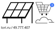 Solar panel harnessing energy, shopping cart with notification, cloud symbol. Ideal for renewable energy, e-commerce, online shopping, cloud storage, sustainability, technology integration. Sustainable Energy and E-Commerce Cloud Integration for Efficient Resource Management. Стоковая иллюстрация, агентство Ingram Publishing / Фотобанк Лори