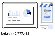 A tablet displays bar and pie charts next to a smartphone with a shopping cart icon, buy button, and notification symbol. Ideal for e-commerce, data analytics, digital marketing, online shopping. Online Shopping with Data Analytics on Tablet and Smartphone Display. Стоковая иллюстрация, агентство Ingram Publishing / Фотобанк Лори
