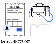 Billing receipt labeled Billing with payment button, a bag on a shelf, and a reminder notification. Ideal for finance, business, billing systems, expense tracking, payment reminders, financial. Invoicing and Expense Management Concept with Billing Receipt, Bag, and Payment Reminder. Стоковая иллюстрация, агентство Ingram Publishing / Фотобанк Лори