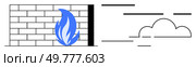 Brick wall with blue flame symbol alongside cloud and horizontal lines. Clear visual representation for firewall blocking unauthorized access. Ideal for technology, cybersecurity, cloud computing. Cybersecurity Firewall Protection Against Cloud Threats Concept. Стоковая иллюстрация, агентство Ingram Publishing / Фотобанк Лори