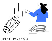 Person gestures towards coins with graph bars suggesting prosperity and investment growth. Ideal for finance, investment, economy, wealth, business growth. Simple, modern, abstract style. Person Pointing at Coins with Graph Lines Highlighting Financial Growth. Стоковая иллюстрация, агентство Ingram Publishing / Фотобанк Лори