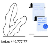 Simple plant outline and receipt with blue check mark highlight themes of financial transactions and completing tasks. Ideal for finance, accounting, business, approval processes, and productivity. Minimalist depiction of a plant beside a receipt with a check mark, representing completion or approval. Стоковая иллюстрация, агентство Ingram Publishing / Фотобанк Лори