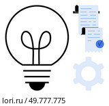 Black light bulb, two checklists with blue check marks, and blue gear. Ideal for innovation, task management, productivity, planning, and technology. Minimalist, modern, clean. Light Bulb, Checklist, and Gear Symbolizing Ideas, Tasks, and Mechanisms in a Minimalist Design. Стоковая иллюстрация, агентство Ingram Publishing / Фотобанк Лори