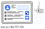 Digital medical record with user details, health data, checklists, pill and heart icons. Ideal for healthcare, digital records, blockchain technology, medical data security, and online health. Digital Medical Record Vector with Blockchain and Health Monitoring Elements. Стоковая иллюстрация, агентство Ingram Publishing / Фотобанк Лори