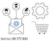 Envelope with email symbol connected to user icons, a gear, and a shopping cart. Ideal for email marketing, digital communication, e-commerce, user connectivity, and technical optimization themes. Email Marketing and E-commerce Concept with User Interaction and Technical Settings. Стоковая иллюстрация, агентство Ingram Publishing / Фотобанк Лори
