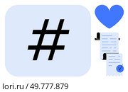 metadata tag symbol on light blue background next to a blue heart and list documents with a check mark. Ideal for social media, communication, organization, trending topics, and digital marketing. Social Media metadata tag and Engagement Symbol with Documents Vector in Minimalist Blue Theme. Стоковая иллюстрация, агентство Ingram Publishing / Фотобанк Лори