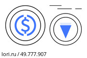 Blue dollar sign within a circle and an inverted triangle with a horizontal stripe mirror each other against a white background. Ideal for finance, currency, economy, business, and financial. Blue Dollar Sign and Inverted Triangle Symbols in Circular Patterns. Стоковая иллюстрация, агентство Ingram Publishing / Фотобанк Лори