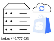 Three elements including a data storage server, cloud sync symbol, and shopping bag with an S mark. Ideal for technology, cloud computing, data storage, e-commerce, and retail themes. Minimalistic. Data Storage Server, Cloud Sync, and Shopping Bag Design for Technology and E-commerce. Стоковая иллюстрация, агентство Ingram Publishing / Фотобанк Лори