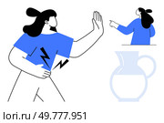 Person holding their back in pain and signaling stop gesture. Another person pointing to their right. Simple jug design. Ideal for healthcare, communication, pain, body language, design. Person Expressing Discomfort and Rejection, Person Discussing a Point, and a Simple Jug in Minimalistic Design. Стоковая иллюстрация, агентство Ingram Publishing / Фотобанк Лори
