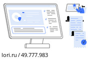 Monitor screen showing data analytics and task management with checklists and pie chart. Person checking details on responsive device. Ideal for productivity, efficiency, digital tools, data. Efficient Task Management and Data Analytics on Digital Platform. Стоковая иллюстрация, агентство Ingram Publishing / Фотобанк Лори