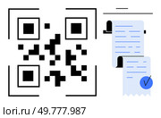 QR code and a printed receipt side by side. Ideal for digital transactions, online payments, e-commerce, mobile receipts, and invoicing. Simple, modern, and functional vector style. QR Code and Receipt Combination for Digital Payments and Invoicing Solutions. Стоковая иллюстрация, агентство Ingram Publishing / Фотобанк Лори