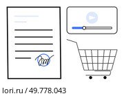 Document with signature, shopping cart and video player. Ideal for online agreements, digital transactions, multimedia, e-commerce, electronic signatures. Simple vector style. Digital Shopping Agreement with Media Integration and E-Signature Panel for Modern E-Commerce. Стоковая иллюстрация, агентство Ingram Publishing / Фотобанк Лори